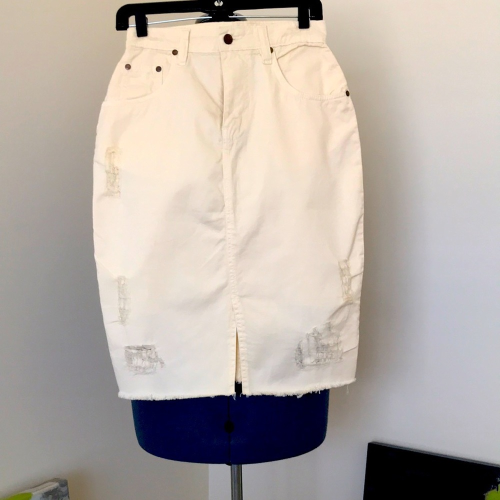 NWT Ecru Distressed Hem Midi Denim Skirt Size 8